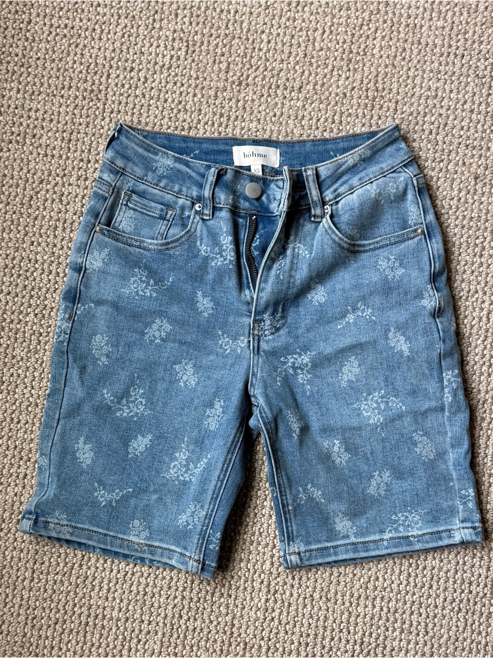 Bohme Light Blue Floral Print Denim Bermuda Shorts